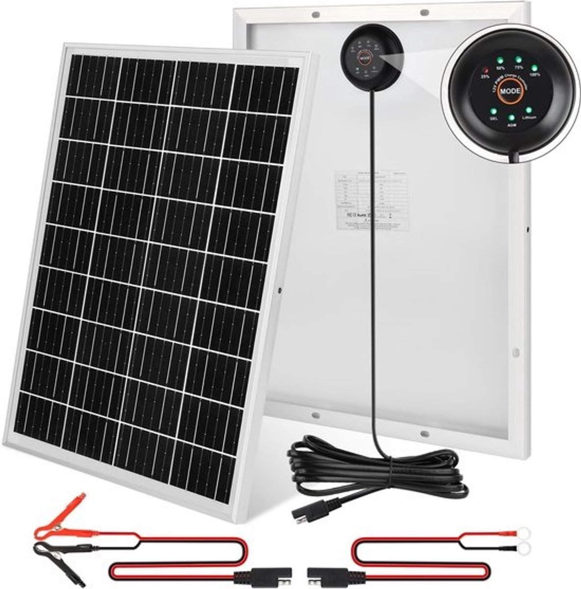 SnelShoppen - 25W Zonnepaneel Set - Monokristallijn 12V Solar Panel met PWM Laadcontroller, 2 Pairs Solar Kabels voor GEL, AGM, Lithium Batterijen - I