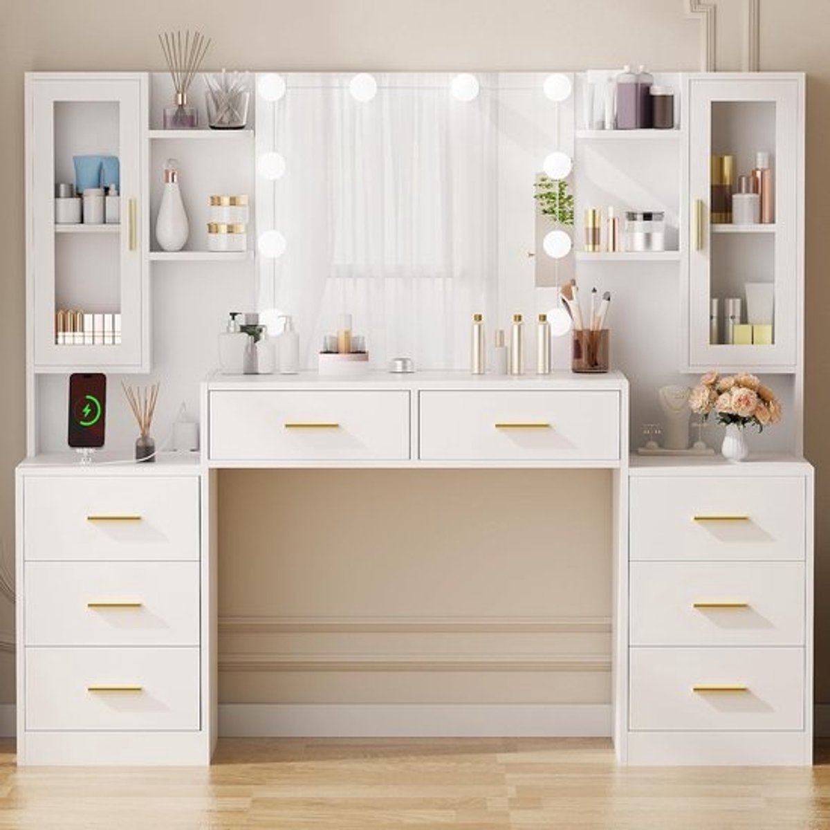 Grote kaptafel met Led-verlichting, moderne make-uptafel met spiegel en stopcontacten