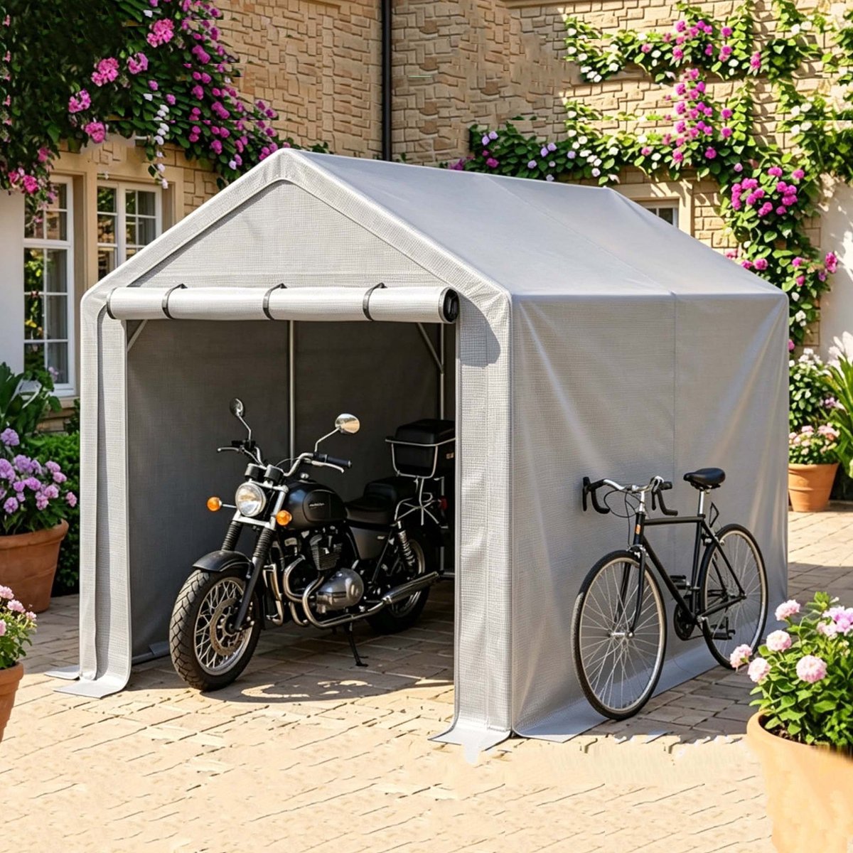 FloraGrace Garagetent – 296 X 190 X 200 Cm – Met Roldeur – Gegalvaniseerd Staal – Donkergrijs – Voor Fiets En Tuinopslag