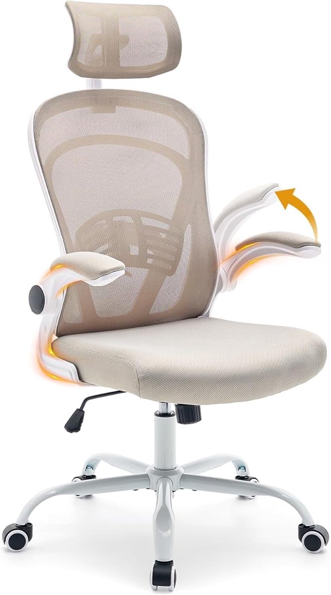 Triumpunpre - Ergonomische Mesh Bureaustoel Met Hoge Ragleuning - 90° Opklapbare Armleuningen - Verstelbare Lendensteun En Hoofdsteun - Schommelfunctie - Zwenkwielen - Wit Frame | Khaki Netwerk