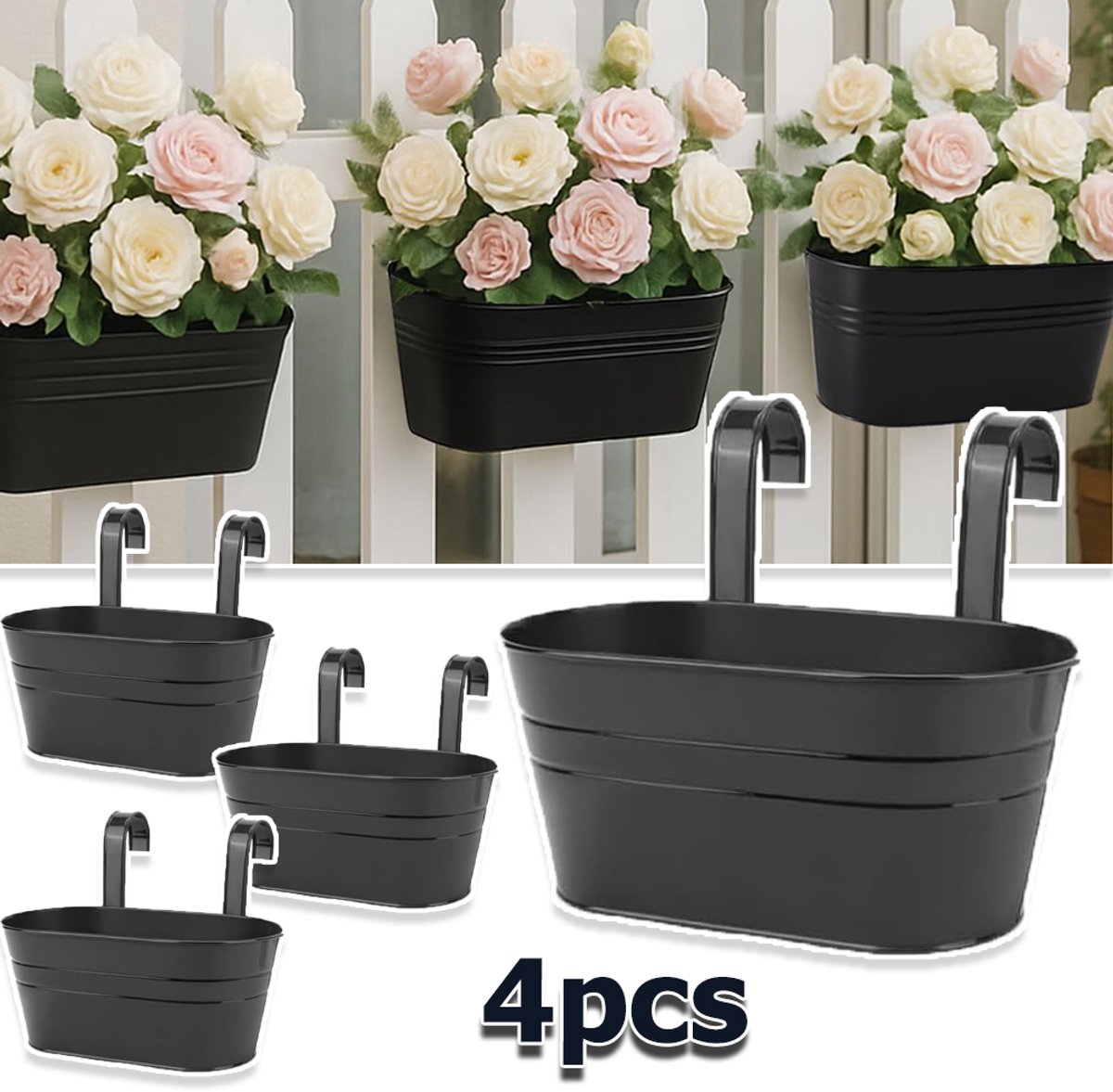 Set Van 4 Zwarte Ijzeren Hangende Plantenbakken - Ovale Metalen Potten Met Afneembare Dubbele Haken Zonder Drainagegaten Gegalvaniseerd En Geverfd Roestbestendig - Voor Balkon, Schutting, Reling, Tuin