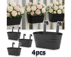 Set Van 4 Zwarte Ijzeren Hangende Plantenbakken - Ovale Metalen Potten Met Afneembare Dubbele Haken Zonder Drainagegaten Gegalvaniseerd En Geverfd Roestbestendig - Voor Balkon, Schutting, Reling, Tuin