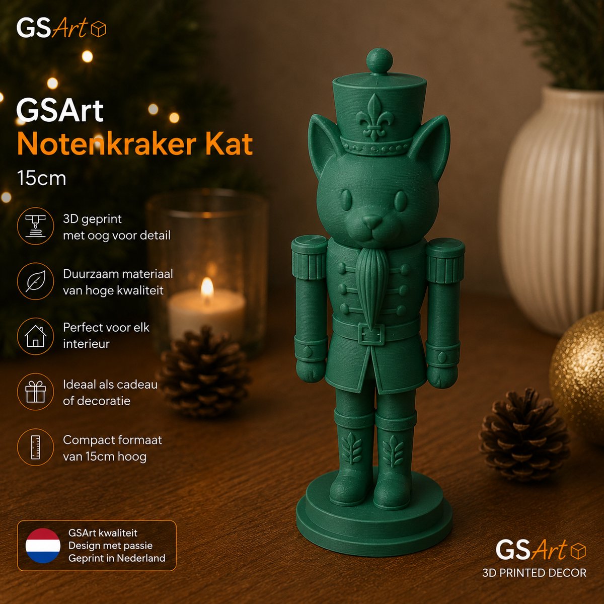 GSArt Notenkraker Kat 15cm – 3D-geprinte kerstdecoratie - Maretak Groen