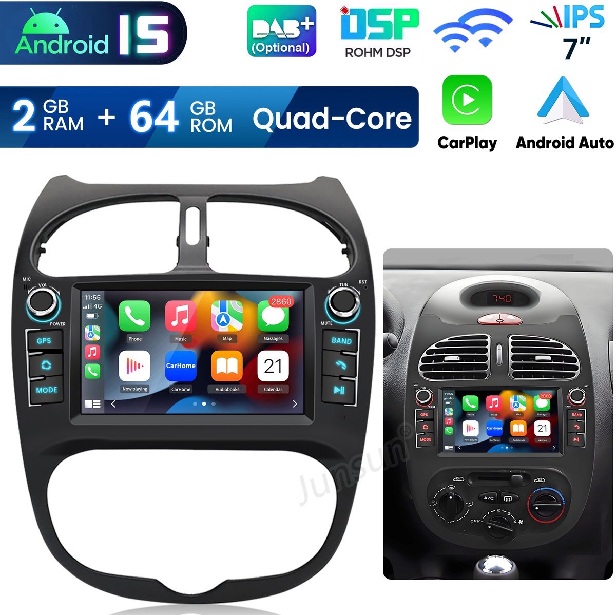 Hexinex Quad-Core autoradio Geschikt voor Peugeot 206 (2001-2016) - Draadloos CarPlay, Android Auto, multimediaspeler, Android 15, 2GB+64GB