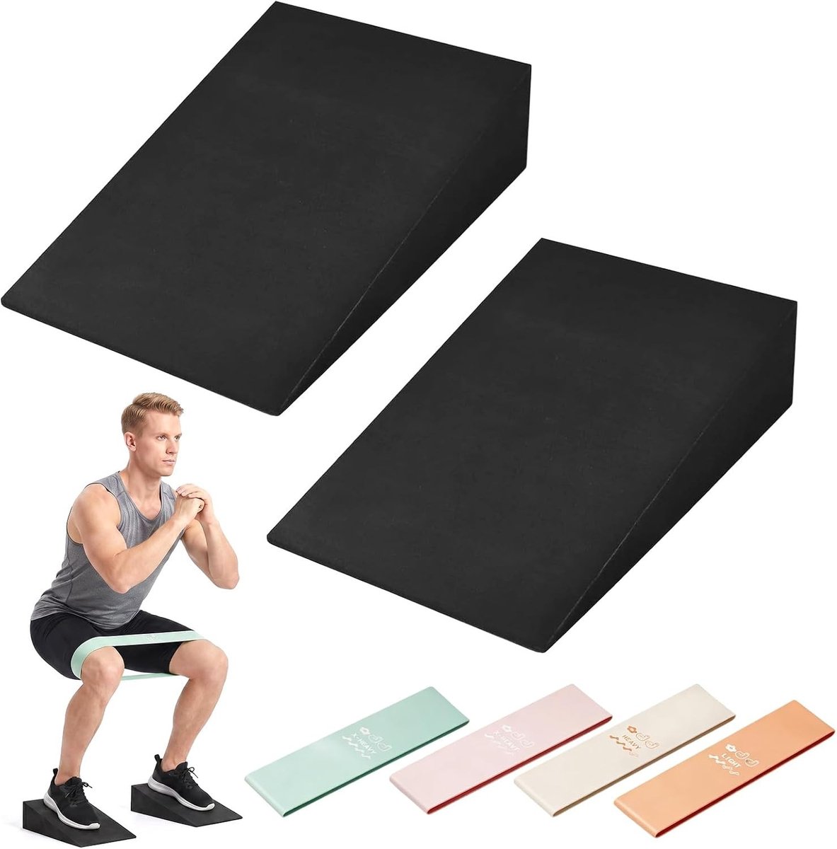 Calf Stretcher Wedge Set met 2 Stukken, Incline Board voor Squats, Mobilisatie en Yoga Oefeningen met 4 Fitness Bands