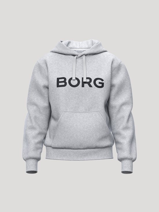 Lichtgrijze hoodie van Björn Borg met grote zwarte 'BORG' tekst op de voorkant.
