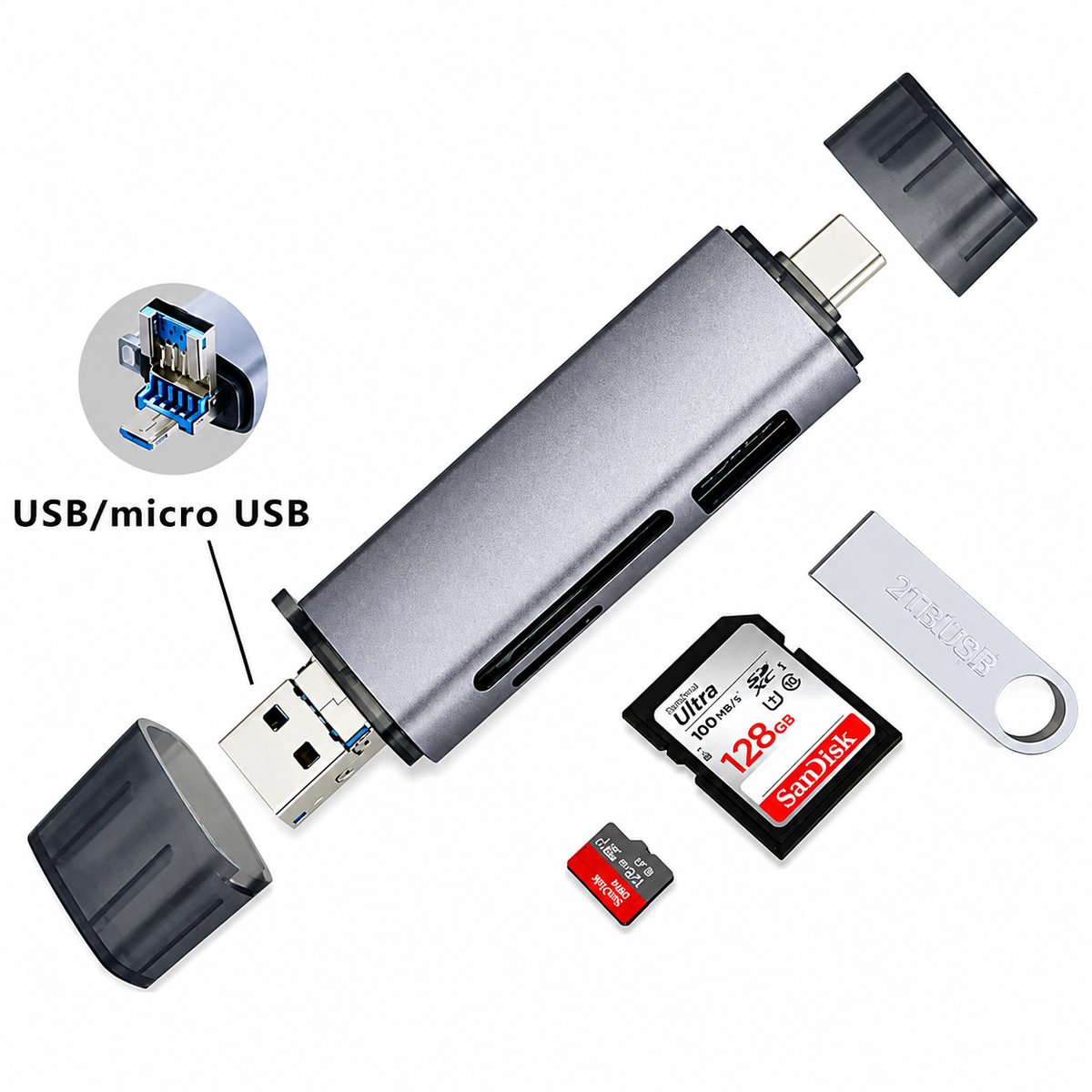SD Kaart lezer USB C - Card reader USB 3.0 - Micro SD kaartlezer - USB kaartlezer - Aluminium - Universeel