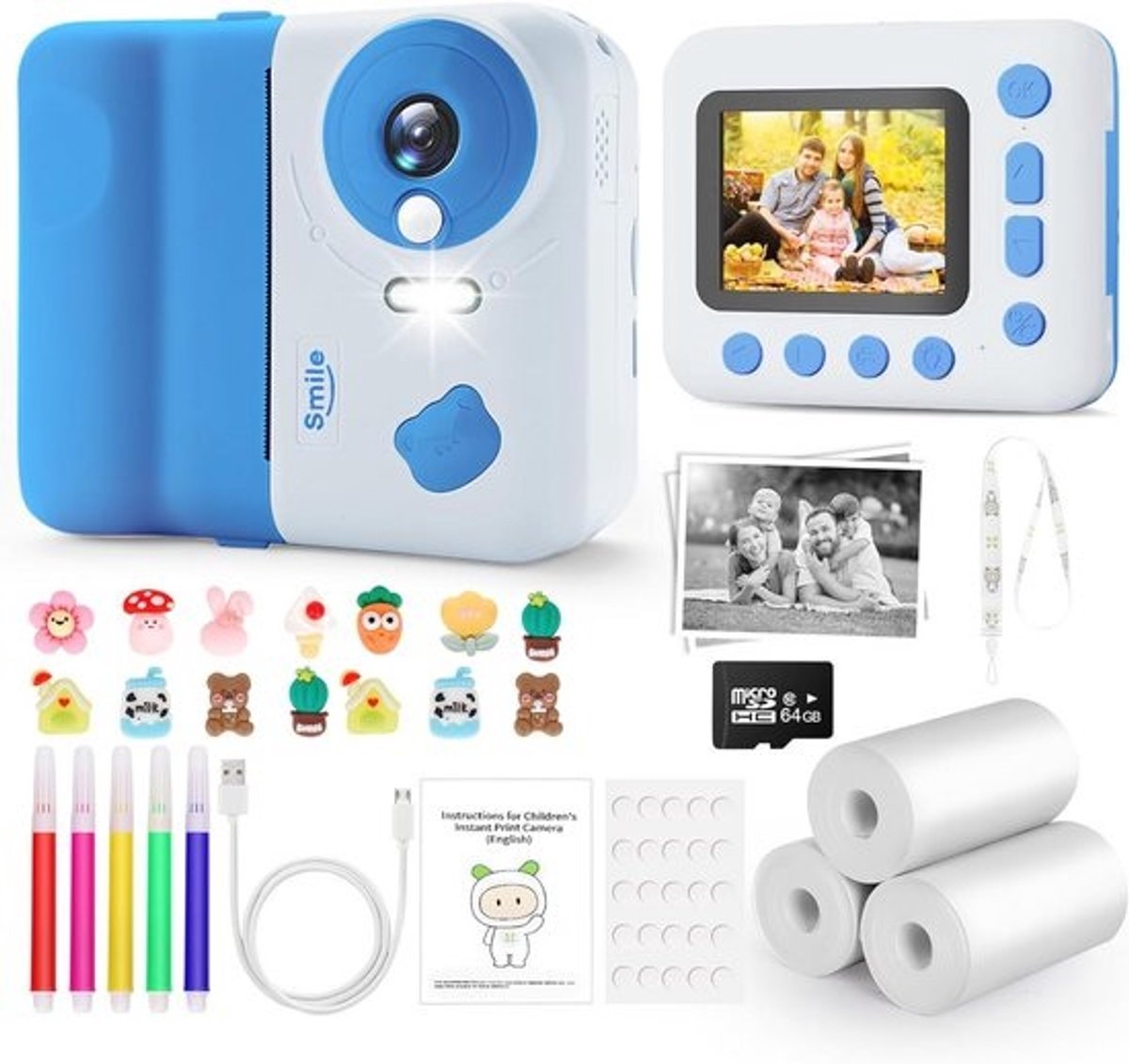 IEEILULU Instant camera voor kinderen, 1080p, 2,4 inch met 64G-kaart en 3 rollen printpapier, kindercamera, cadeau voor 3-12 jaar