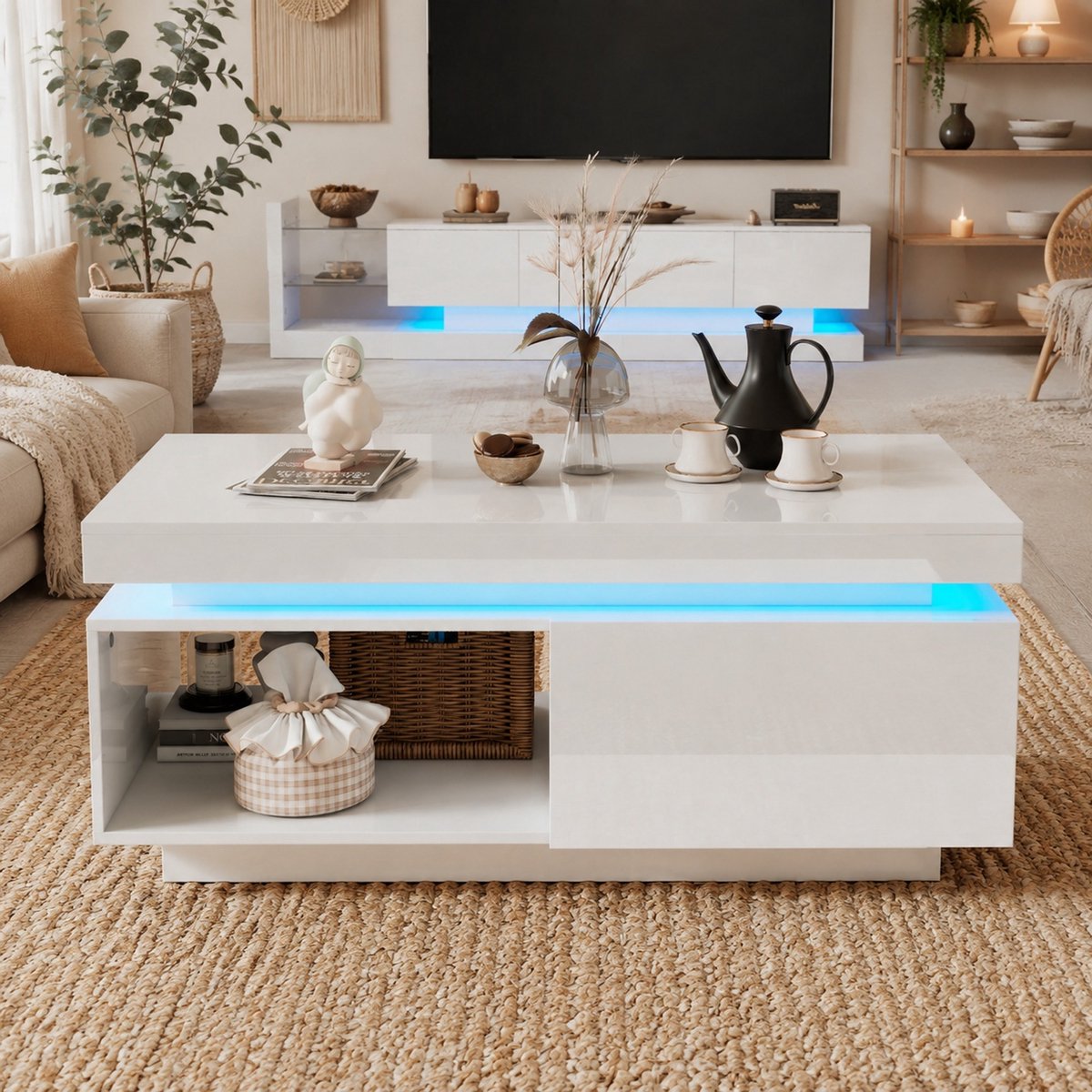 Wishdor Tv meubel set - Hoogglans wit - Led verlichting - Modern design - Woonkamer opbergen en presenteren - Bewerkt hout - Wit - 181 x 38 x 38 cm