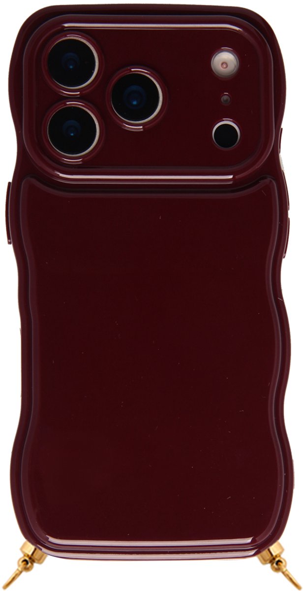Casies Burgundy red hoesje geschikt voor iPhone 15 Pro Max met gouden hangers voor koord - Bordeaux rood wavy smartphone case
