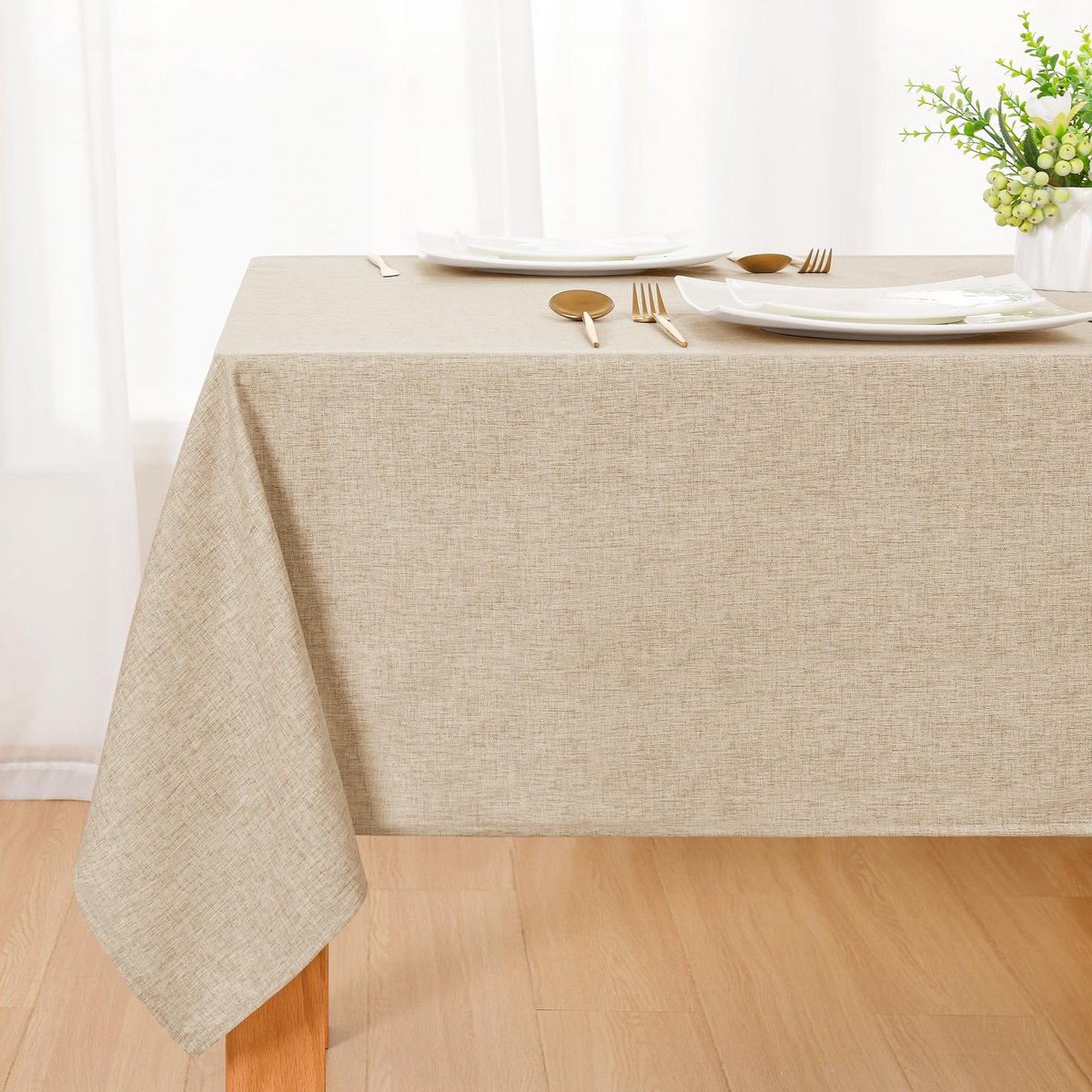 Famanu – Beige linnen tafelkleed, afwasbaar, 130 x 160 cm, zacht en weerbestendig, perfect voor buitengebruik, bruiloften of dagelijks gebruik