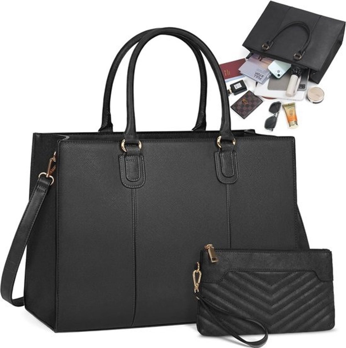 Dames Handtas 15,6 inch - Grote Shopper en Laptop Bag met Clutch - Waterdicht en Slijtvast PU-leer