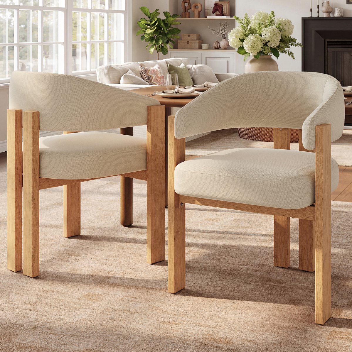REDOM- Eetkamerstoel - Ergonomische rugleuning - Dikke vulling - Met armleuningen - Scandinavische stijl - Woonkamer en eetkamer - Metaal en stof - Beige en Natuurlijk - 49 x 47 x 78 cm