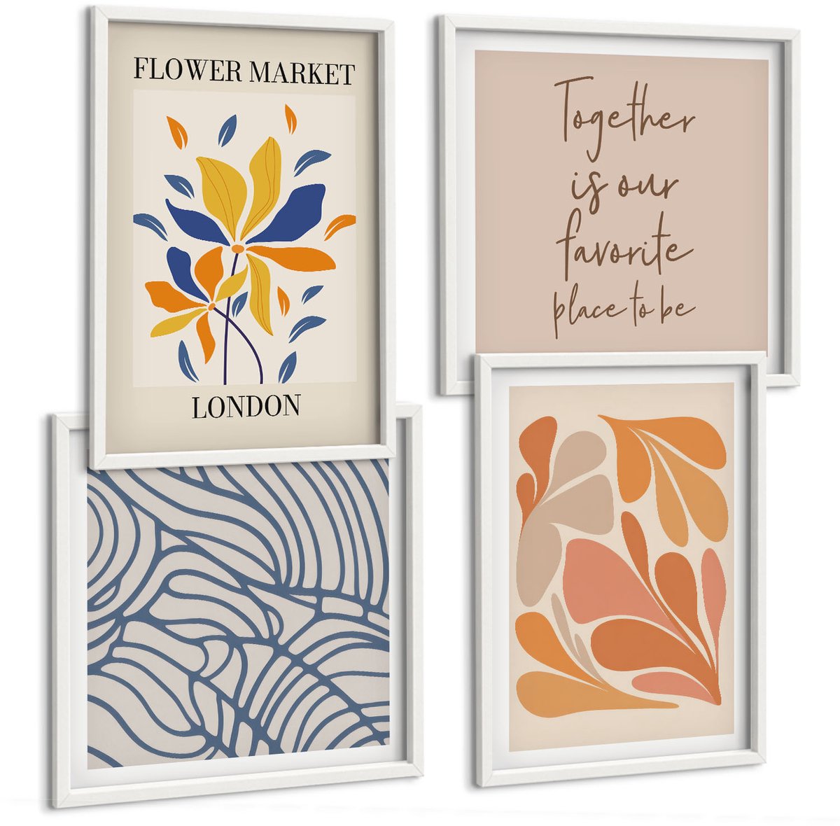 Wallfluent 4-Delige Schilderij Set - Moderne Bloemen Met Abstracte Patronen - 40 x 40 En 40 x 60 - Decoratieve Muurdecoratie - Slaapkamer - Stijlvolle Muurdecoratie