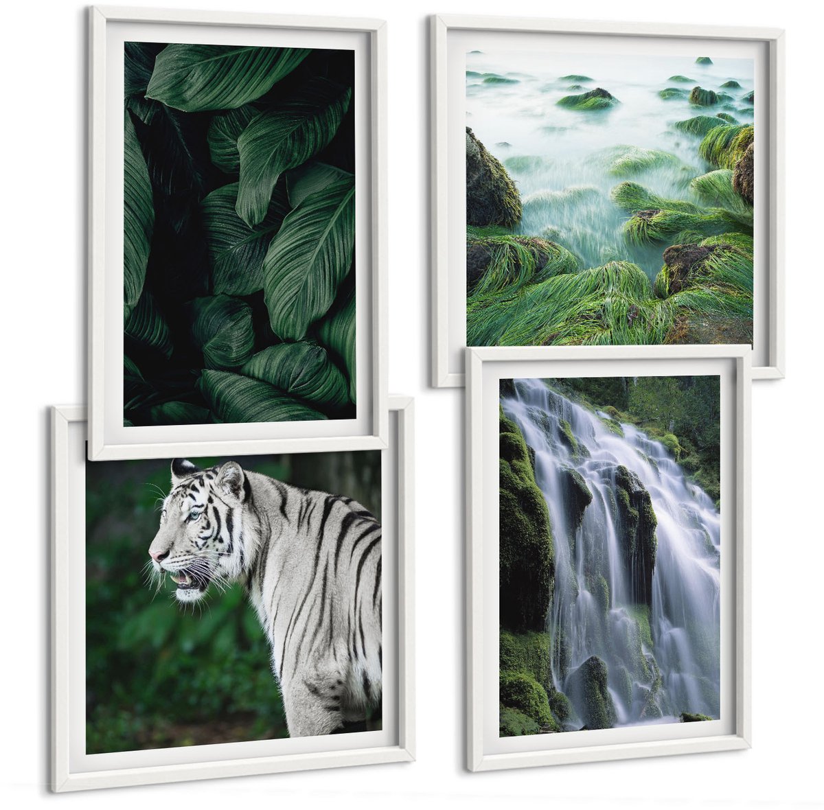 Wallfluent 4-Delige Schilderij Set - Tijgerwitte Bladeren En Een Waterval In Een Natuurlijke Omgeving - 40 x 40 En 40 x 60 - Stijlvolle Muurdecoratie - Kantoor - Moderne Wanddecoratie