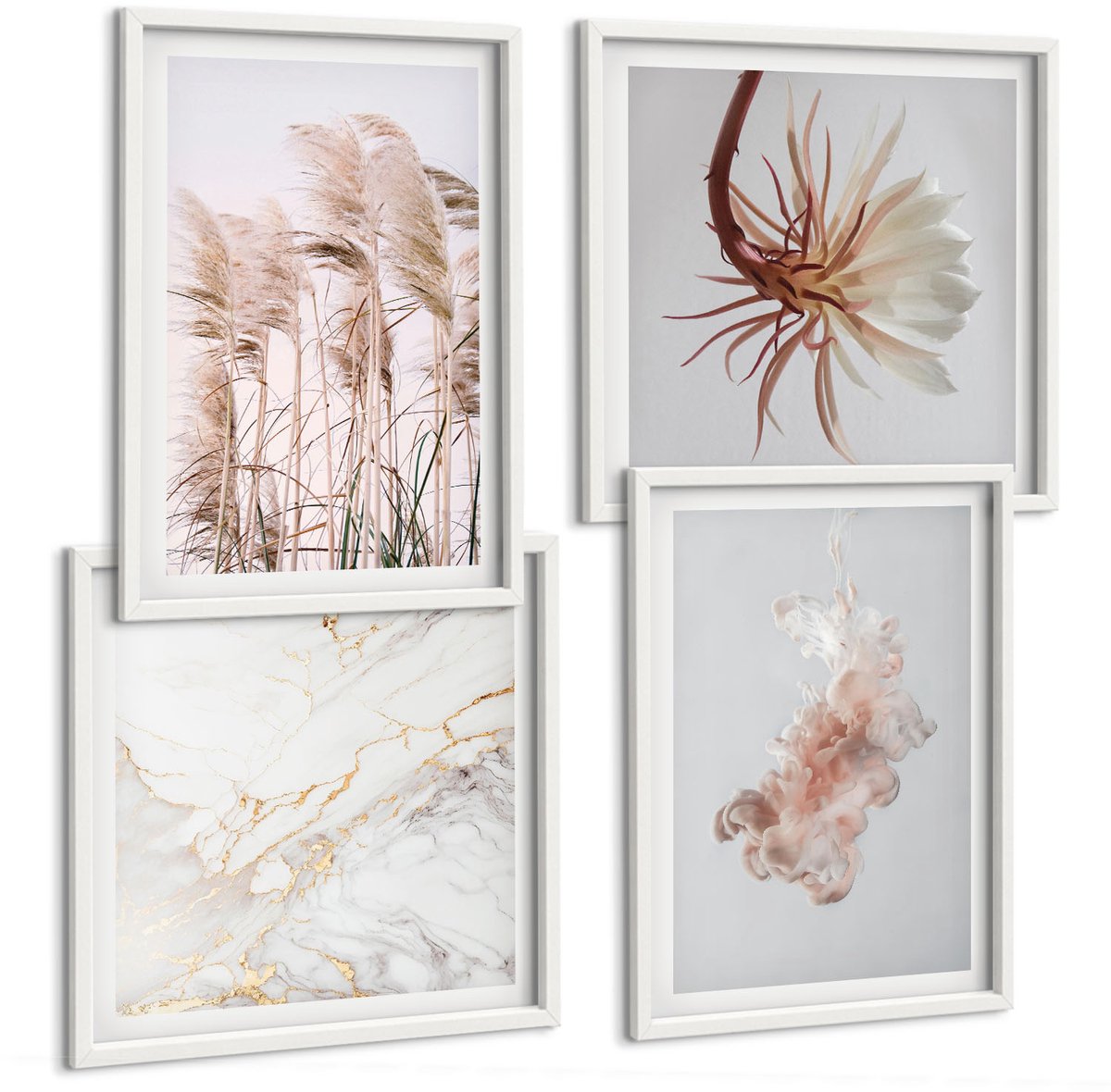 Wallfluent 4-Delige Schilderij Set - Elegante Bloemen En Grassen In Wit Marmer - 40 x 40 En 40 x 60 - Muurdecoratie - Decoratieve Schilderijen - Wohnzimmer - Moderne Wanddecoratie