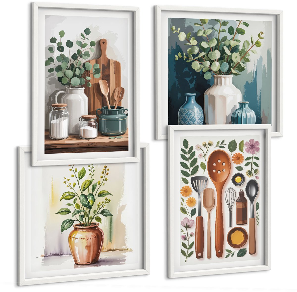 Wallfluent 4-Delige Schilderij Set - Keukenaccessoires Met Planten In Een Moderne Stijl - 40 x 40 En 40 x 60 - Moderne Wanddecoratie - Slaapkamer - Woonkamer Decoratie