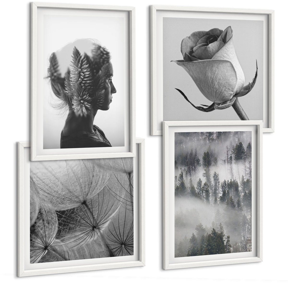 Wallfluent 4-Delige Schilderij Set - Melancholisch Bos In De Mist Portret Van Een Vrouw Planten - 40 x 40 En 40 x 60 - Wanddecoratie - Schilderijen Set - Interieur - Moderne Wanddecoratie
