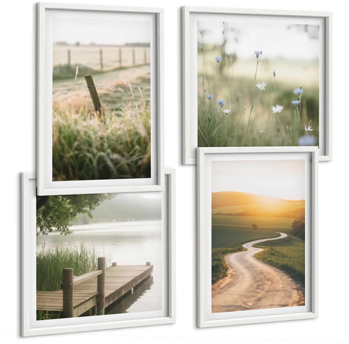Wallfluent 4-Delige Schilderij Set - Landschap Met Een Weide, Een Weg En Een Zonsondergang. - 40 x 40 En 40 x 60 - Wanddecoratie - Moderne Interieurdecoratie - Moderne Wanddecoratie