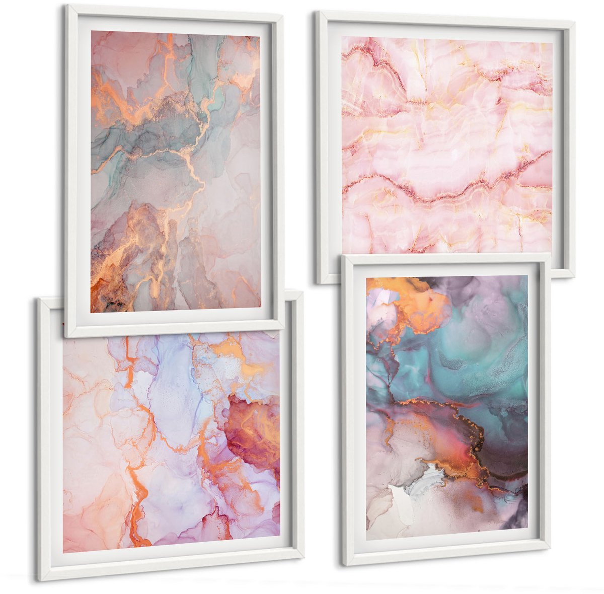 Wallfluent 4-Delige Schilderij Set - Abstracte Patronen In Pastelkleuren Met Accenten - 40 x 40 En 40 x 60 - Muurdecoratie - Decoratieve Schilderijen - Wohnzimmer - Woonkamer Decoratie