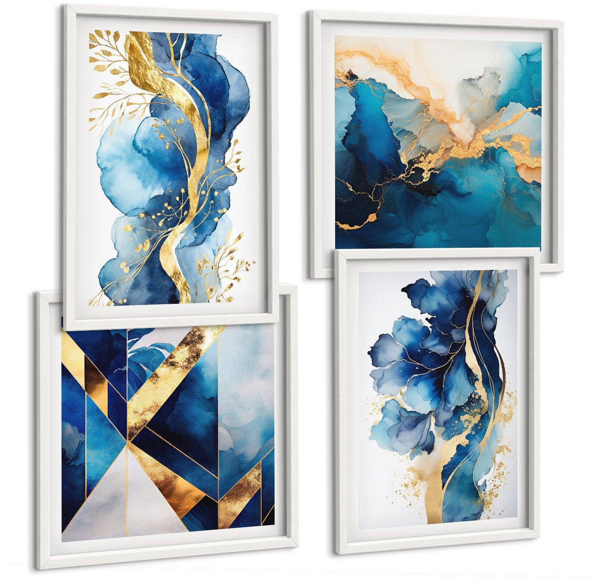 Wallfluent 4-Delige Schilderij Set - Blauwe Abstracte Patronen Met Subtiele Accenten - 40 x 40 En 40 x 60 - Wanddecoratie - Muurdecoratie - Moderne Interieurdecoratie
