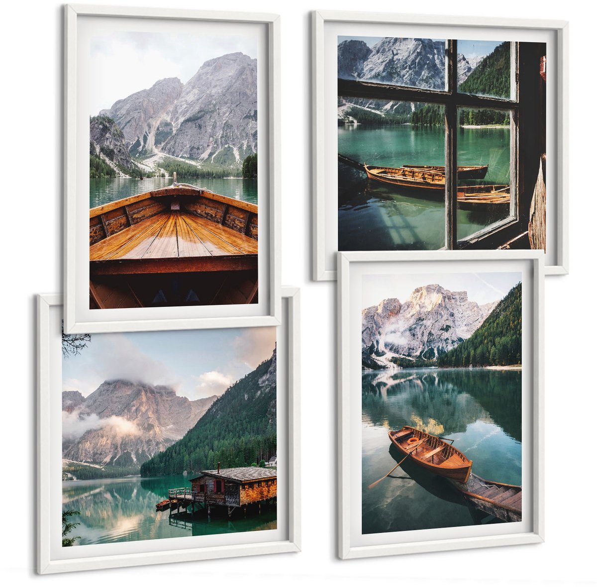 Wallfluent 4-Delige Schilderij Set - Uitzicht Op Een Bergmeer Met Boten, Een Huisje En Een Raam. - 40 x 40 En 40 x 60 - Muurdecoratie - Interieur Decoratie - Wanddecoratie