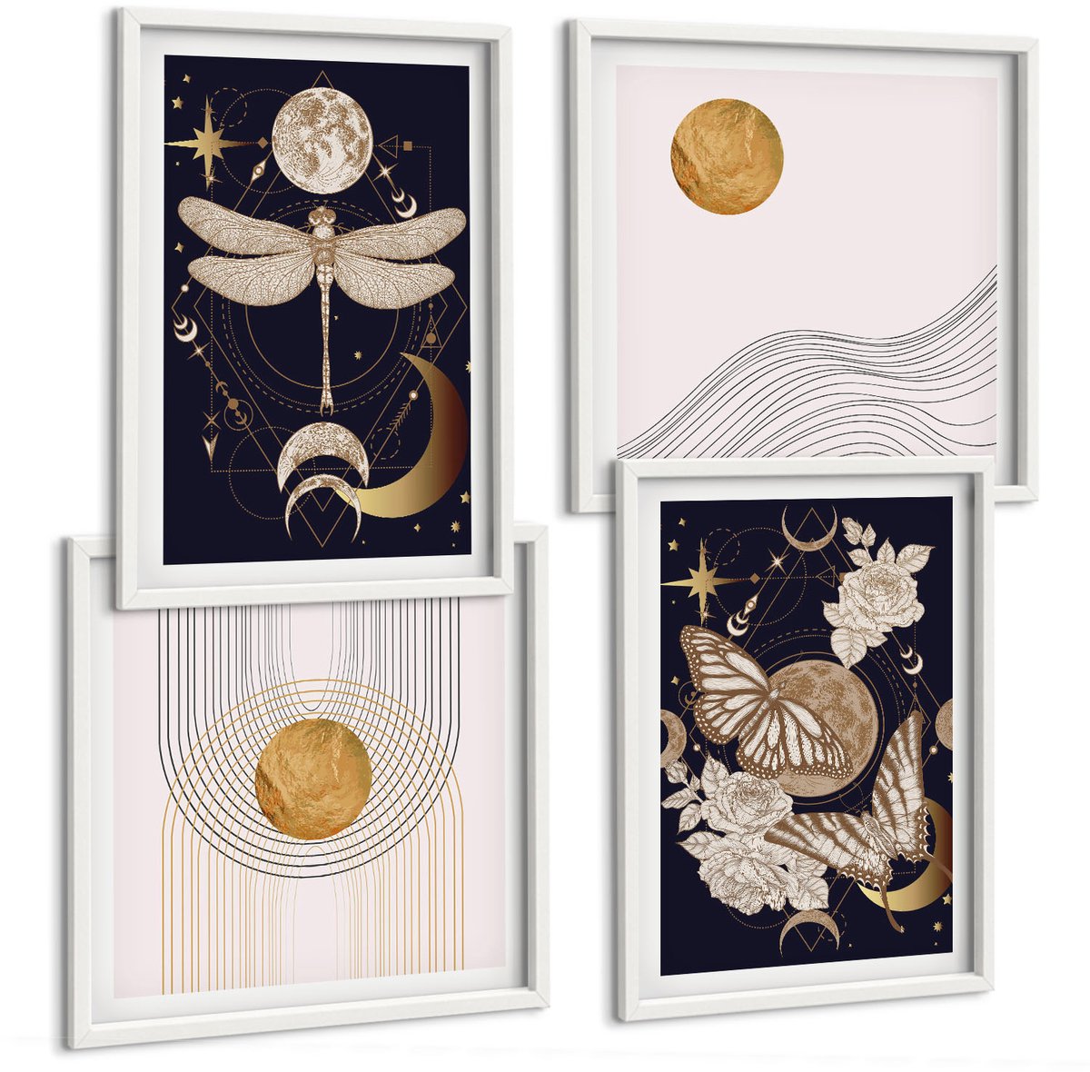 Wallfluent 4-Delige Schilderij Set - Natuurthema'S Met De Maan, De Ruimte En Bloemen. - 40 x 40 En 40 x 60 - Moderne Wanddecoratie - Woonkamer