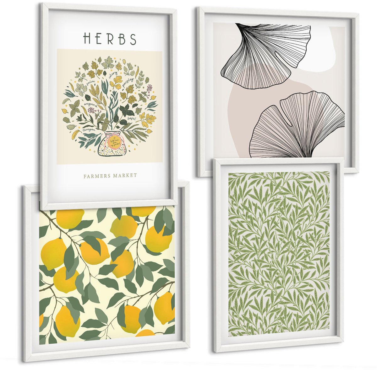 Wallfluent 4-Delige Schilderij Set - Citroenmotieven Met Kruiden En Plantenbladeren - 40 x 40 En 40 x 60 - Wanddecoratie - Moderne Interieurdecoratie - Stijlvolle Muurdecoratie