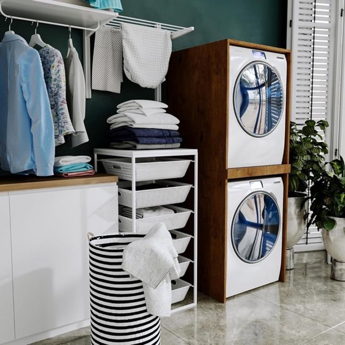 Waskast Hoog voor Wasmachine en Droger | Ruimtebesparende Kast voor Wasruimte of Badkamer | 66x180x65 cm