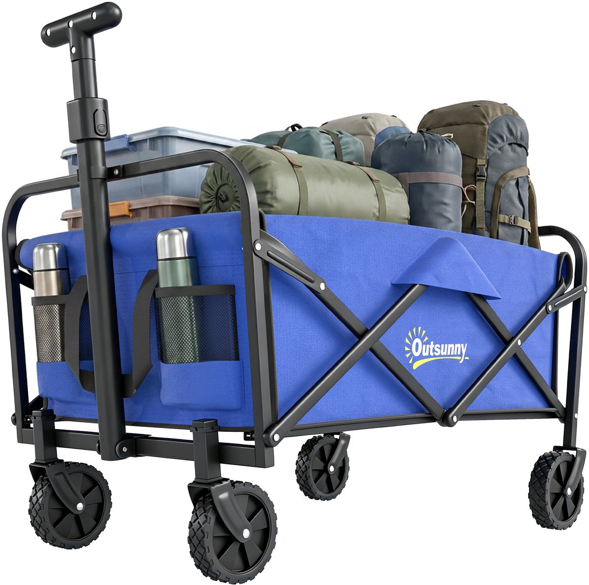 Opvouwbare tuintrolley met wielen, verstelbare telescopische handgreep, draagvermogen 100 kg, voor kamperen en boodschappen, 64x42x27 cm, blauw