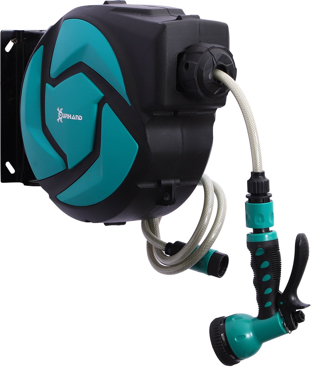 Oprolbare slanghaspel van 10 meter met 7 sproeistanden, automatisch oprolsysteem met vergrendeling, 1 meter aansluitstuk voor gazon, 28x14x34 cm, zwart en groen