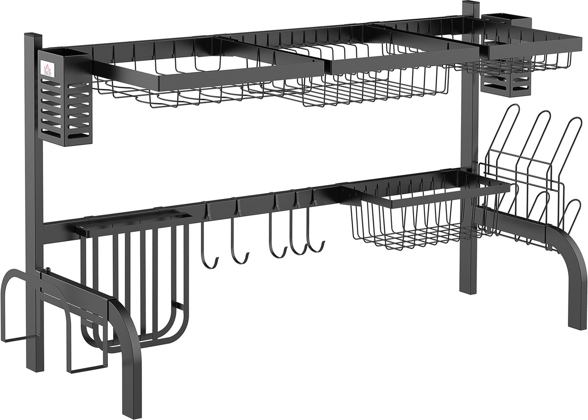 2-laags stalen afdruiprek voor de gootsteen met snijplank en bestekhouder 100x30x52,5 cm zwart