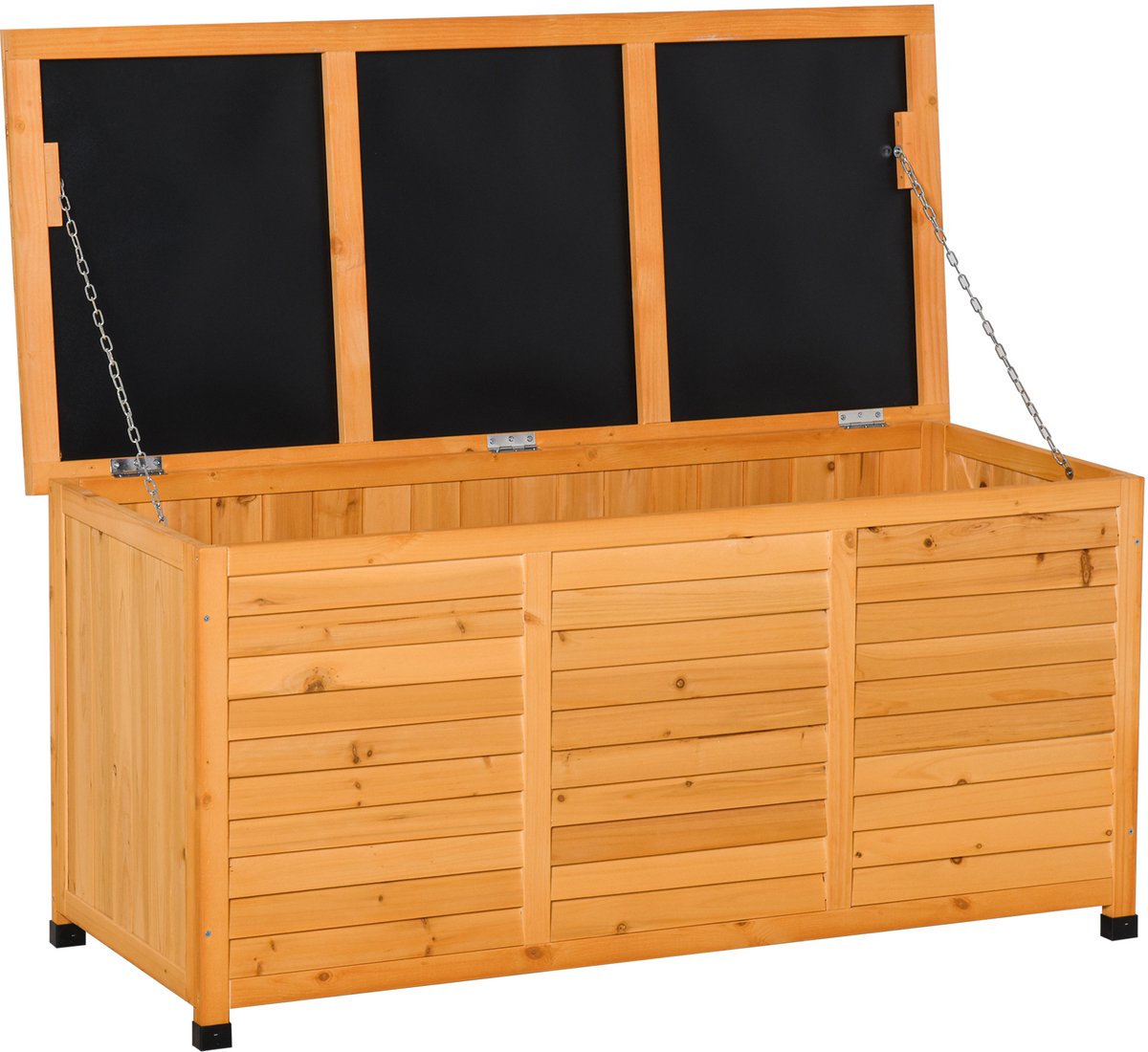 Houten opbergkist voor buiten, tuinkist met openklapbaar deksel en lamellenontwerp, 127x56x60 cm, naturel