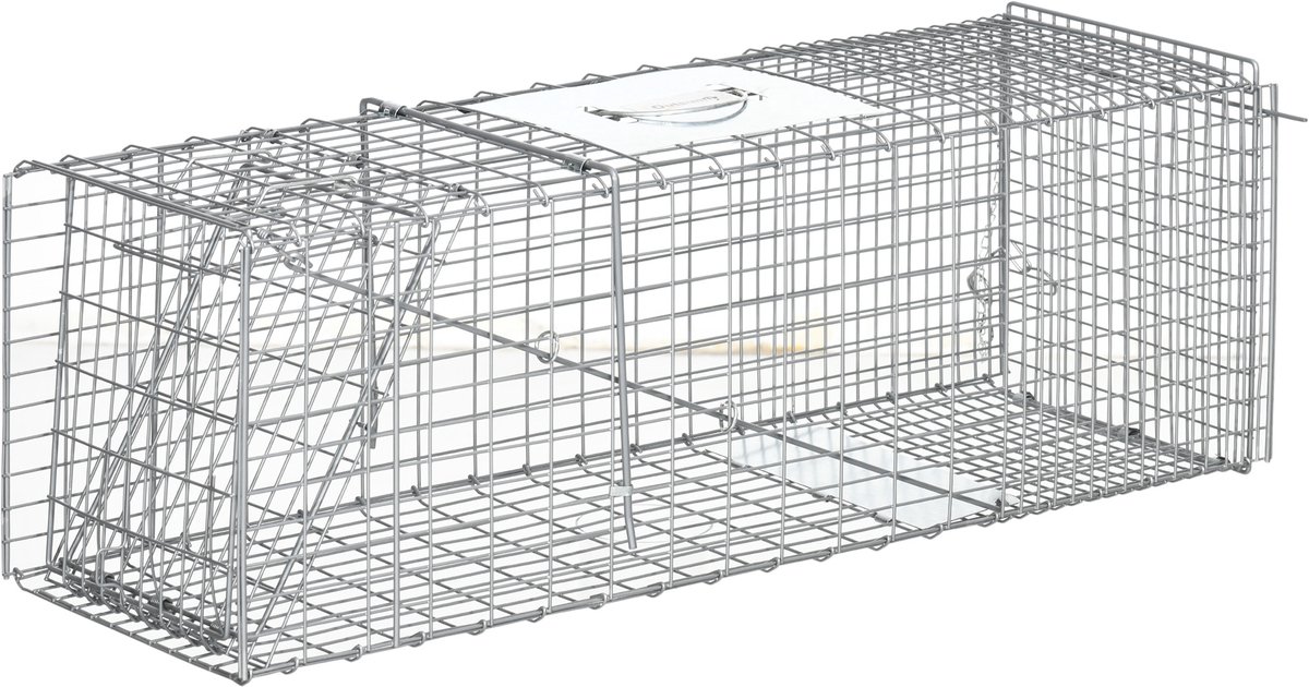 Opvouwbare vangkooi voor levende dieren 93x31x34,5 cm, draadkooi met deur en handvat voor konijnen, zilverkleurig