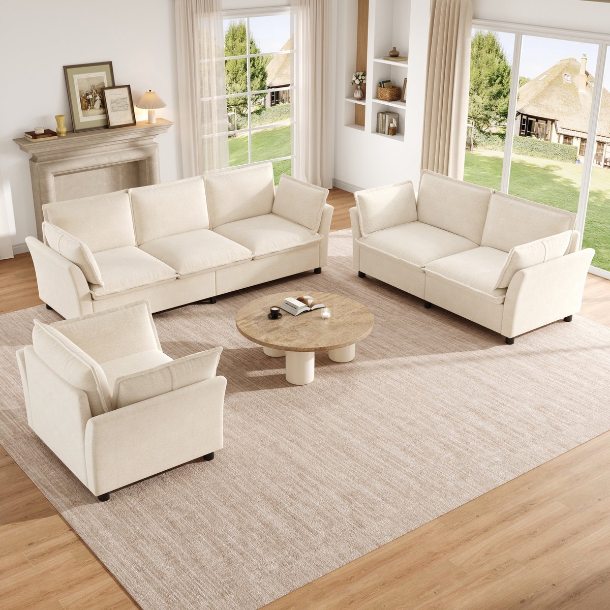 6-Zitsbank, 3-2-1 Bankenset, Modulaire Woonkamer Bankcombinatie, Vrij Combineerbaar, Modern Stoffeerdesign, Chenille Stof, 3-Zits + 2-Zits + Fauteuil, Met Kussens, Beige