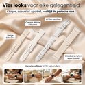 Vier bandjes voor een smartwatch: beige silicone, crème silicone, witte lederen en beige nylon.