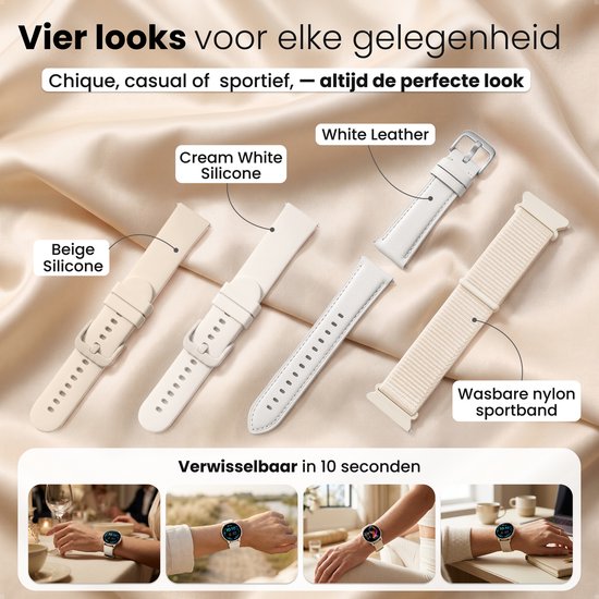 Vier bandjes voor een smartwatch: beige silicone, crème silicone, witte lederen en beige nylon.