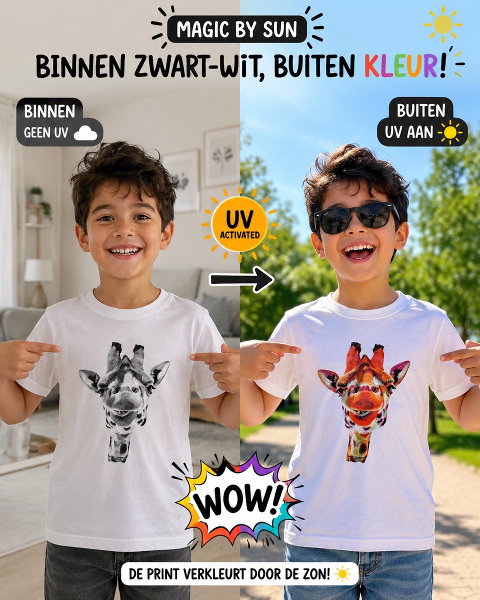 Magic By Sun - T-shirt Giraf - Solar T-shirt - de print verkleurd door de zon! Maat 98-104
