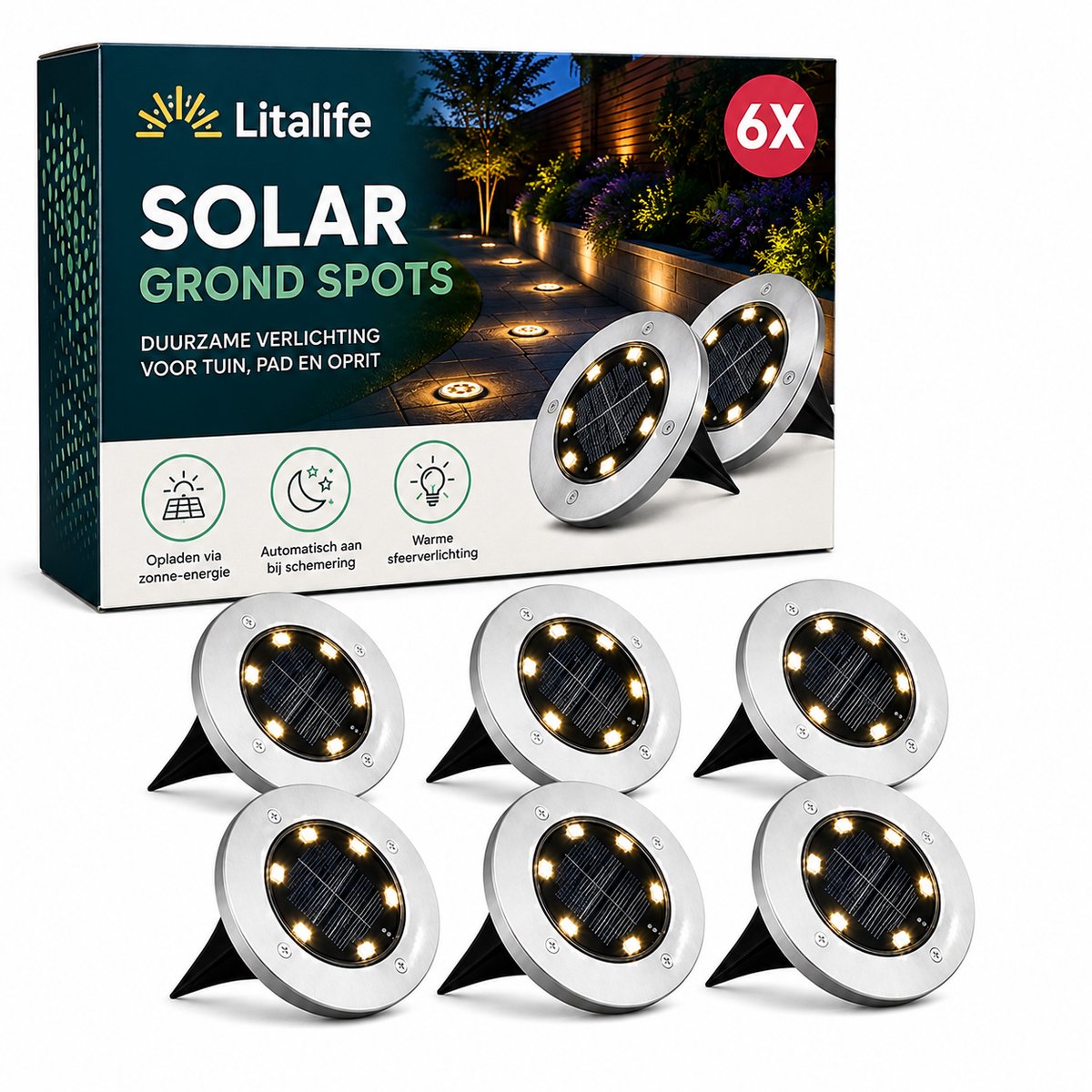Litalife 6 Stuks LED Solar Grondspot Zilver - Buitenlamp Tuinverlichting op Zonne-Energie - Prikspot