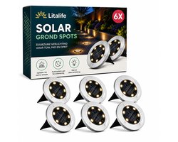 Litalife 6 Stuks LED Solar Grondspot Zilver - Buitenlamp Tuinverlichting op Zonne-Energie - Prikspot