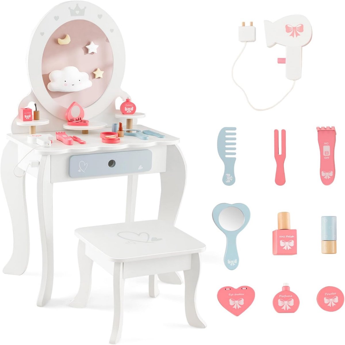 SureDeal® - Kaptafel - Make Uptafel - Kinderen Hout - Kruk Afneembare Spiegel - Accessoires Kinderkaptafel - Kinderen - 50x34x93 cm - Wit