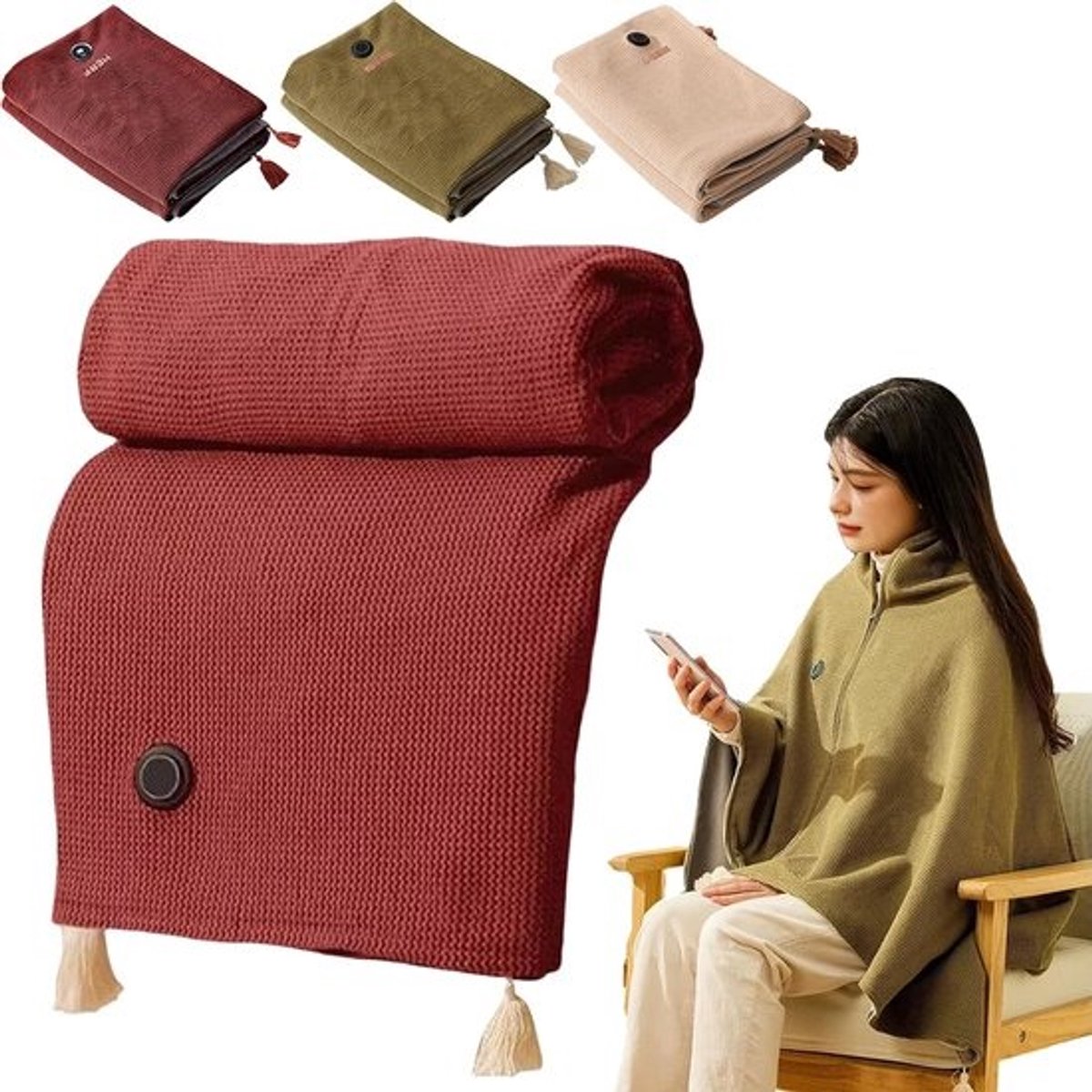 Verwarmde Sjaal - Draagbare Draadloze Deken - Warmte & Comfort - Snelle Opwarming 15 Sec - 80x150cm - Rood