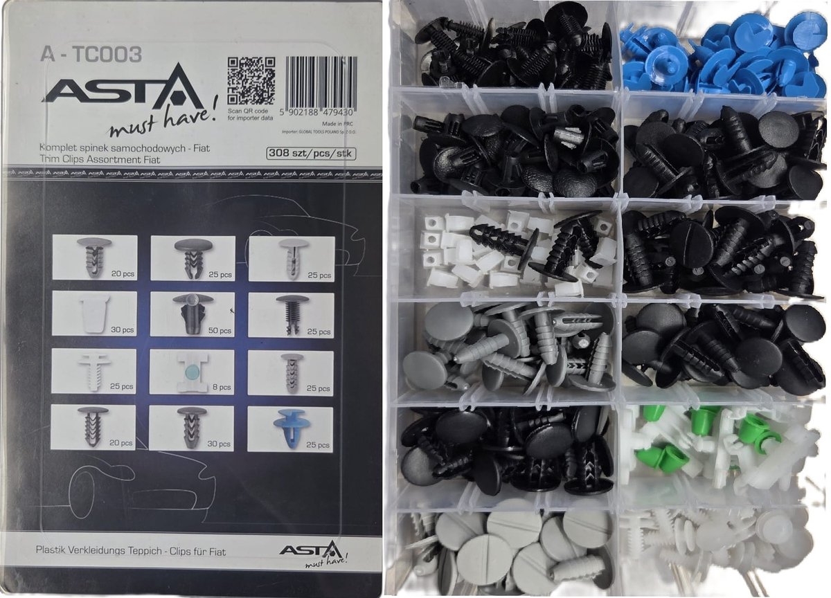 fiat autoclips assortiment 308 delig - kunstof drukkers - deurpaneel clips - interieurclips - trimclips