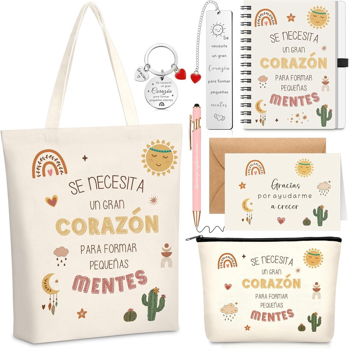 7-delige Bedank Geschenkset voor Leraren met Tas, Make-up Tas, Notitieboek, Pen, Sleutelhanger, Boekenlegger en Envelop voor Afstuderen en Einde van het Schooljaar