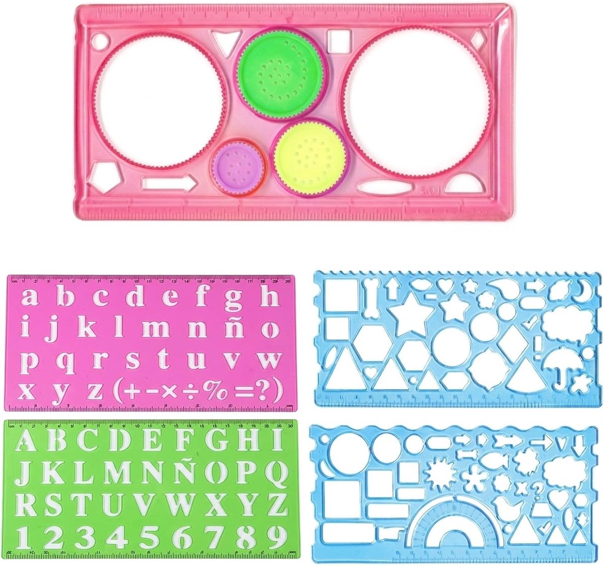 Set van 5 Alfabet Sjablonen met Geometrische Vormen en Liniaal, Ideaal voor Creatief Tekenen en Educatieve Activiteiten