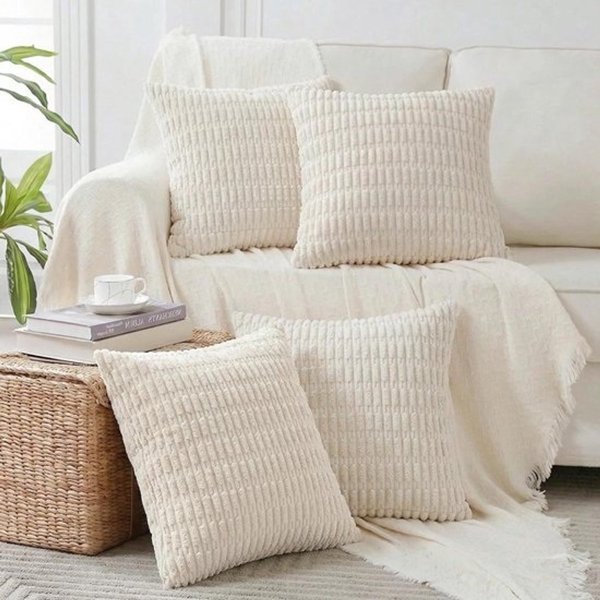 Kussenhoezen Set - Decoratieve Kussens - Woonkamer Decoratie - Zacht Corduroy Materiaal - 35x35 cm - Crème