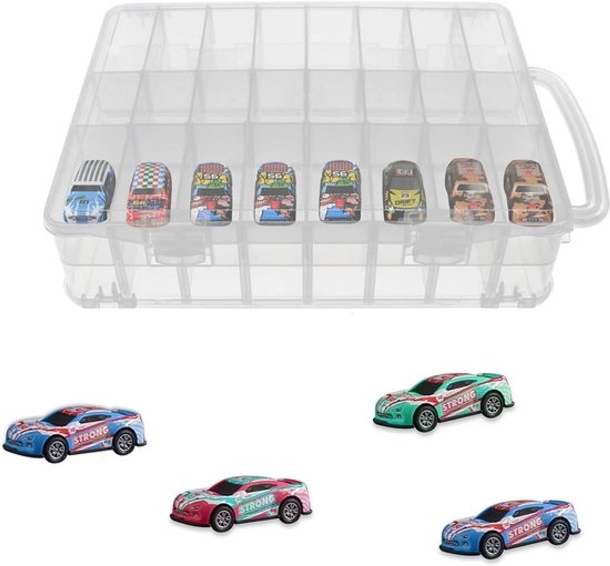 Speelgoedauto Opbergkoffer - Organizer Draagbox - Kleine Onderdelen Opbergen - 48 Vakken Dubbelzijdig - 33 x 25 cm - Doorzichtig