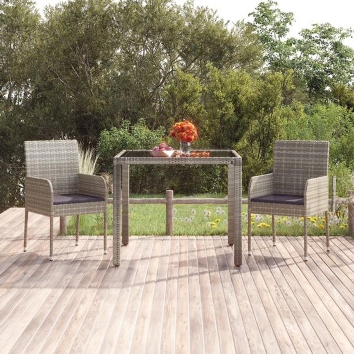Tuinsettafel met glazen blad 90x90x75cm polyrattan grijs voor tuin en terras