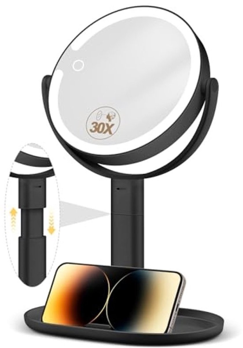 Make-up Spiegel Verlichting - Vergrotende Spiegel - Precisie Make-up - 30x Vergroting - 39-43cm Hoogte - Zwart