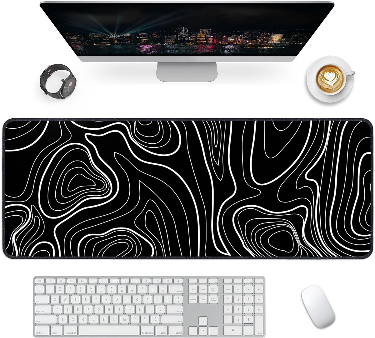 Gaming Muismat / Bureauonderlegger XXL - Met antislip rubberen onderkant - Voor Toetsenbord, PC, Laptop - Zwarte & Witte Lijnen 800x300mm